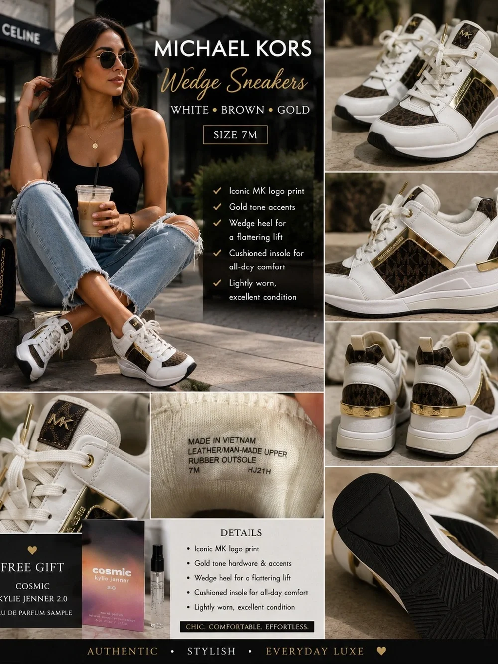 Michael Kors White, Brown & Gold Wedge Sneakers